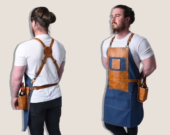 Heavy Duty Waxed Apron for Men, Personalized Name Initials or Logo. Woodworking Apron, BBQ Apron with Leather Bottle Holder, Brass Hardware