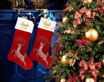 Personalized Christmas Stockings, Rhinestones Forest Deer, Red Velvet Embroidered Silver or Gold Metallic Thread Ready to Ship from New York