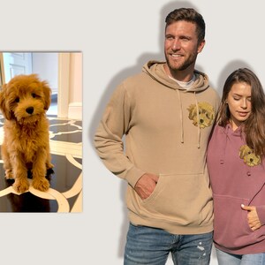Personalized Pet Embroidery Sweater, Avatar or Realistic Pet Portrait Embroidered Pigment Dyed Hooded Unisex Pullover, 14 Colors XS to 3XL