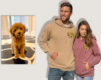 Personalized Pet Embroidery Sweater, Avatar or Realistic Pet Portrait Embroidered Pigment Dyed Hooded Unisex Pullover, 14 Colors XS to 3XL