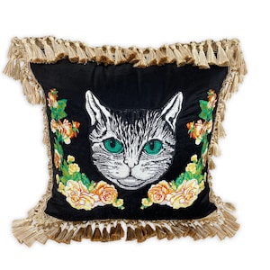 Mystic Cat Embroidery Design Velvet Throw Pillow, Unique Christmas Gift, Complimentary Personalization Initial Embroidery, Ready to Ship