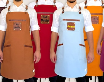 Tabliers pour homme et femme, Croisé dans le dos, Qualité professionnelle, Lanières en cuir, Imperméable, Porte-nom amovible, Tablier unisexe personnalisé