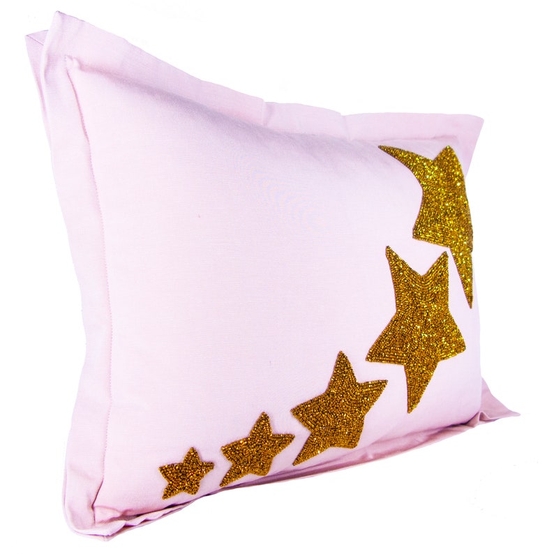 Gold Crystal Valentine/'s Day Decor Bead Embroidery Lumbar Pillow Hand Beaded Stars on Pink Cotton Fabric