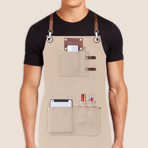 Custom logo apron for men and women with personalized embroidery name tags. Cotton canvas with cross-back leather straps and towel ring. image 6