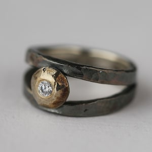 Double band silver ring with bright cubic zirconia, Vintage style silver ring with hammered textured band in dark patina color, Thin band