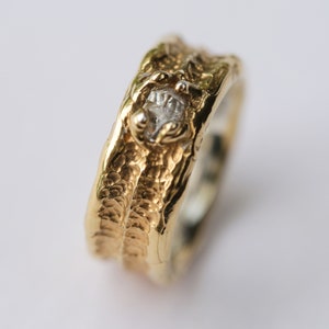 Wide band ring with raw Herkimer diamond, Yellow gold plated silver band with a stone, Thick golden ring in Celtic style