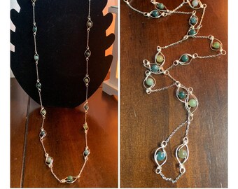 33” Moss Agate Gemstone NECKLACE, slip over head style, 6 mm round gemstone beads, wire wrapped, connected with stainless steel chain links