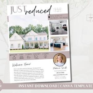 Real Estate Listing Flyer | Listing Just Reduced Flyer | Real Estate Marketing | Editable Canva Template | Marketing Flyer