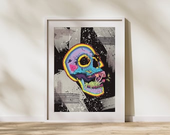 Trippy Colorful Abstract Skull Mushroom Maximalist Digital Art Print Download