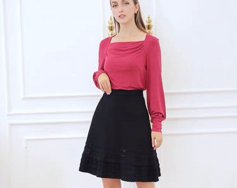 Red Cowl neck  Knit Top  Sweater Skirt Black A Line Fit and flared 2pcs Set
