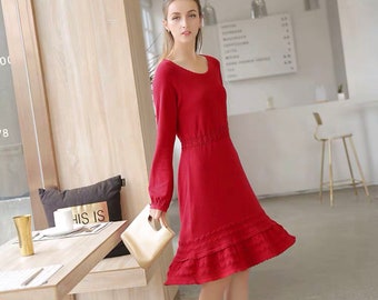 Sweater Dress  A Line Fit and Flared Scoop Neck Long Sleeve Winter Holiday Festive