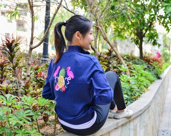 Womens Sweater Jacket Set Blue Zip Front Soft Fleece Embroidered