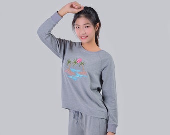 Womens Sweater Sets Gray Embroidered Soft Fleece