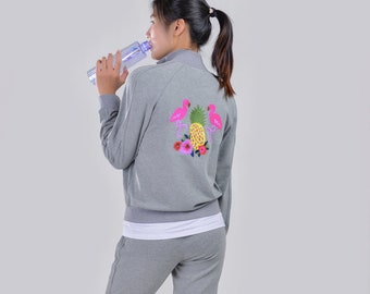 Women’s Sweater Jacket Set Zip Front Soft Gray Fleece Embroidered