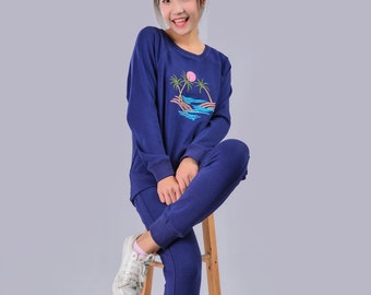 Womens Sweater Sets Blue Embroidered Soft Fleece Long Sleeve