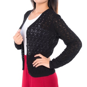 Womens Black Sweater Cardigan Crocheted Button down Long Sleeve