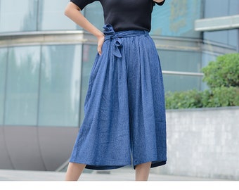 Women’s Palazzo Pants Denim Blue Casual Capri High Waist Wide leg