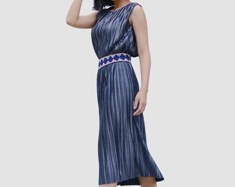 2 pc Skirt set  Pleated Top Pleated Midi Skirt Blue and Silver Metallic