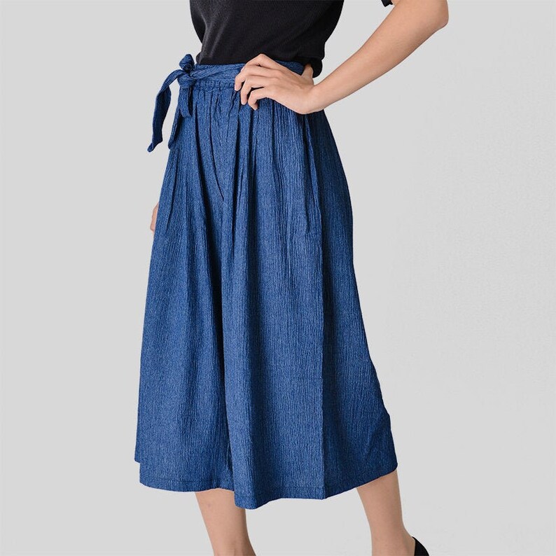 Womens Palazzo Pants Denim Blue Capri Pleated High Waist Wide leg Belted