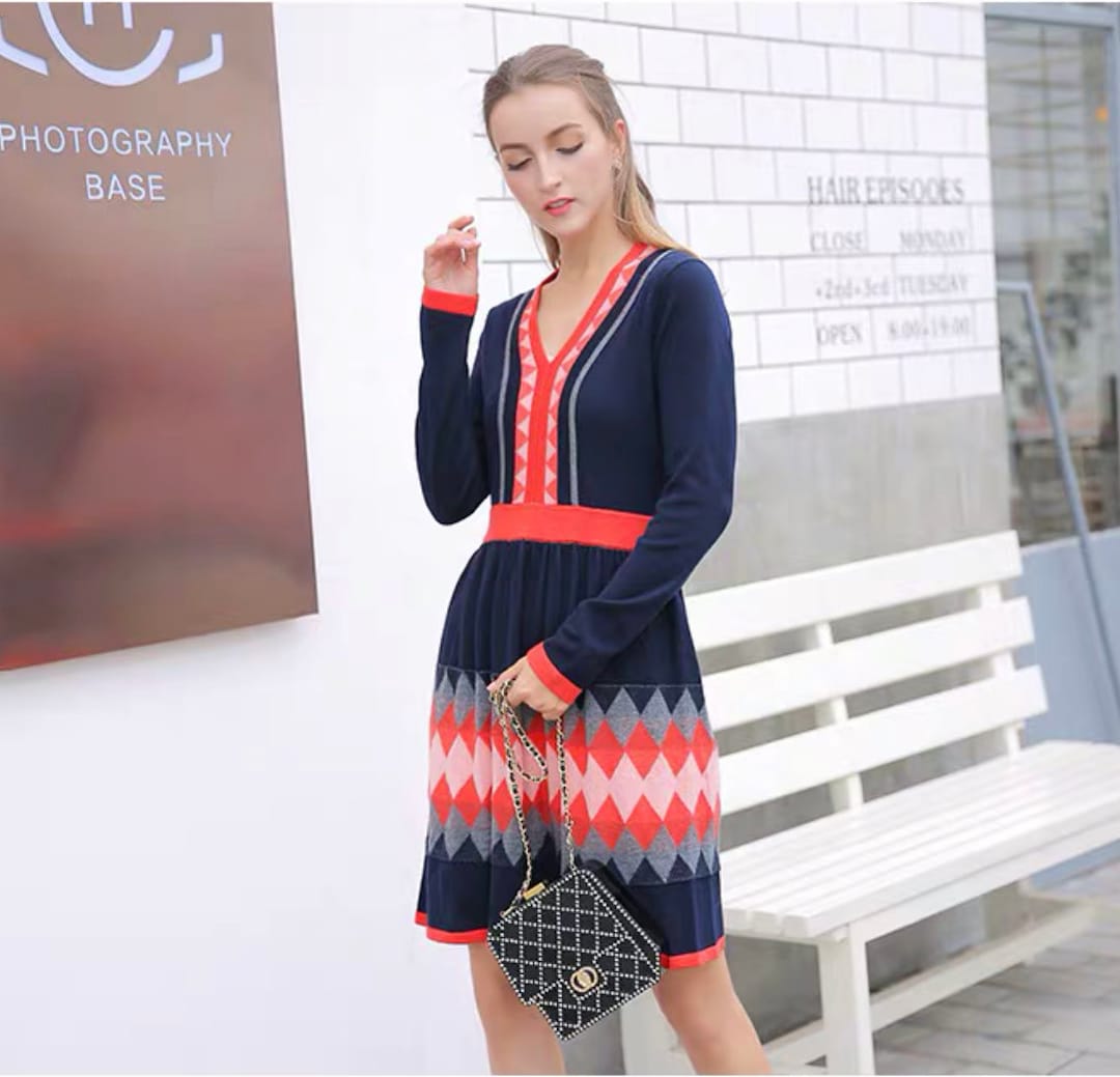 Sweater Dress Fit and Flare V-neck Long Sleeve Winter Holiday Festive ...