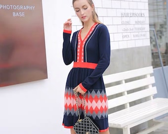 Sweater Dress  Fit and Flare V-neck Long Sleeve Winter Holiday Festive