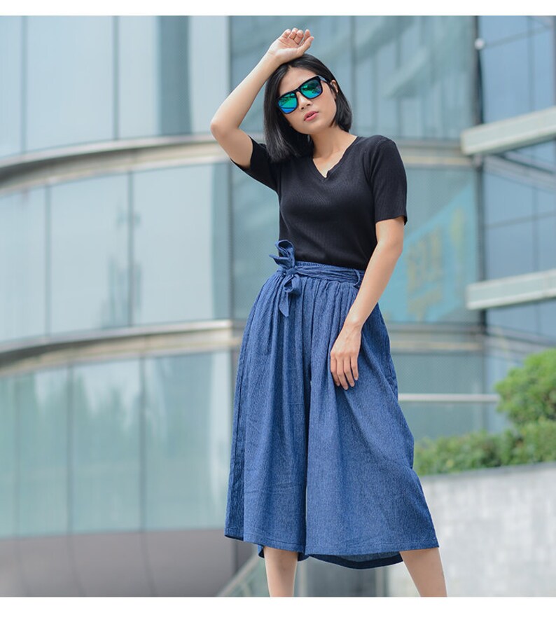 Womens Palazzo Pants Denim Blue Capri Pleated High Waist Wide leg Belted
