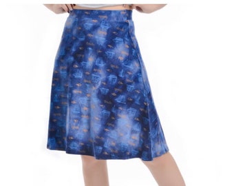 Women’s Blue sailboat printed a line skirt,fit and flare midi