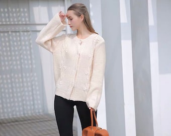 Womens Sweater Cardigan Cream Buttoned Crew Neck Long Sleeve Winter Knit