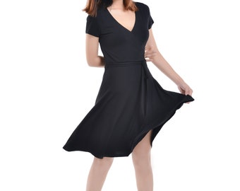 Women’s Little black dress short sleeve v neck circular skirt midi