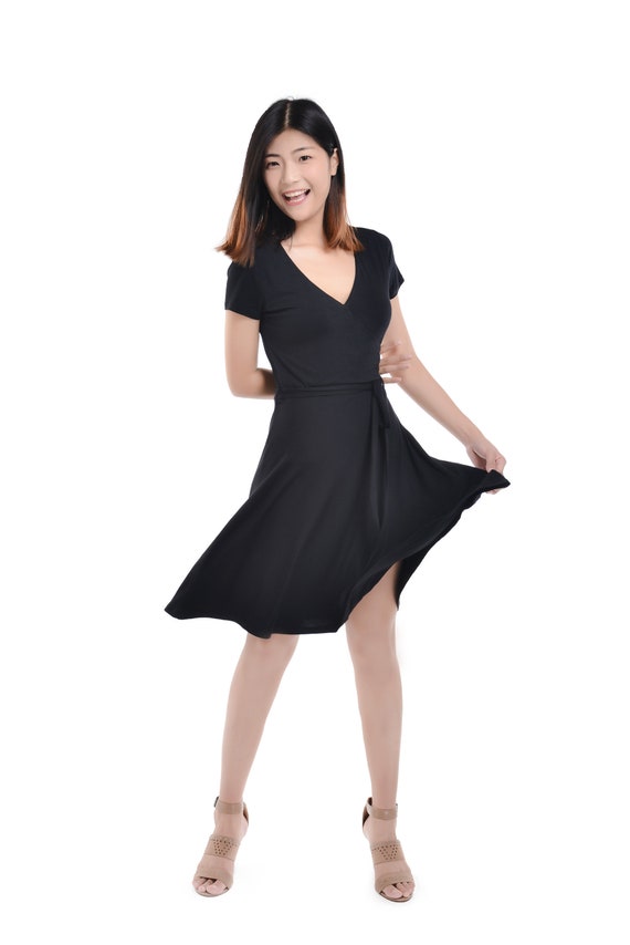 Vestido midi de mujer negro manga corta escote falda - Etsy México