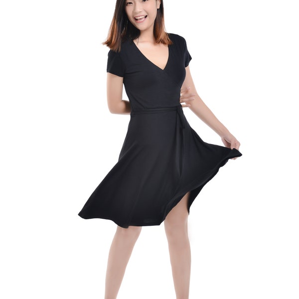 Women’s Little black dress short sleeve v neck circular skirt midi