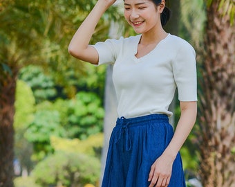 Women’s Short Sleeve Sweater T Shirt V Neck Ribbed Basic Top