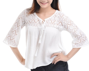 Women's Casual Boho White Top 1/2 Bell Sleeve Crochet Lace Flowy Shirt Spring  Summer Blouse