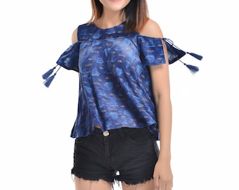 Women’s Boho  Blouse tee Vintage design Cold Shoulder T shirt