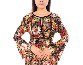 Womens Bohemian Casual floral bell sleeve tunic dress