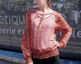 Women’s Boho shirt Red Blouse Sheer Chiffon Long  Sleeve Top