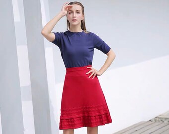 Sweater Two Piece Set Blue Crew Neck Short sleeve Red A Line Skirt