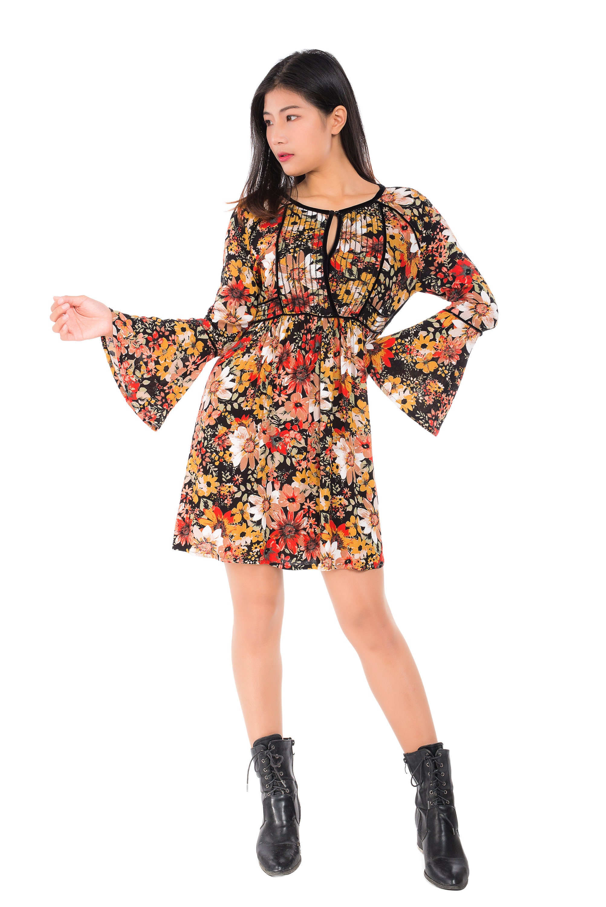 Womens Bohemian Casual Floral Bell Sleeve Tunic Dress - Etsy