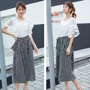 Womens Palazzo Pants Striped Casual Capri High Waist Wide leg image 6