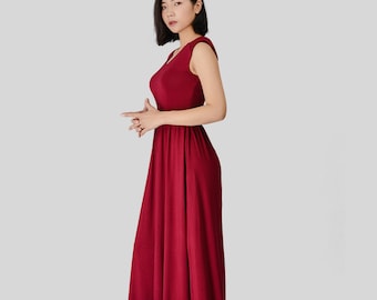 Women’s Dress Red Bohemian Casual V neck Maxi Long