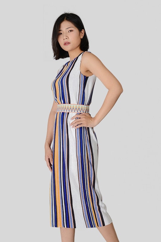 Womens Casual Dress Pleated Stripe Belted Boat Neck Sleeveless Maxi Etsy