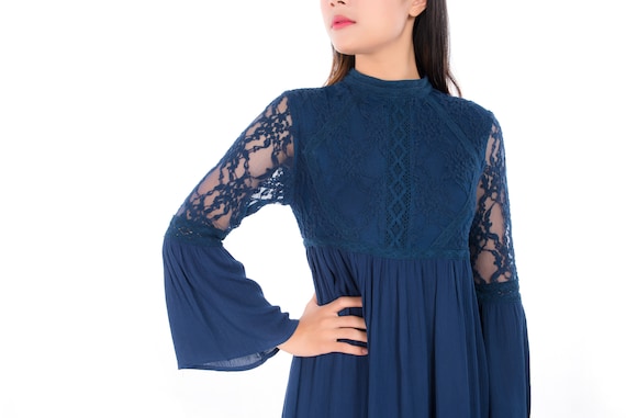 Women's Bohemian Tunic Dress Lace Long Sleeve A-line Swing Bell Sleeve