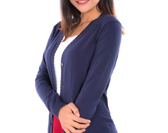 Womens Sweater Cardigan Blue V-Neck  Long sleeve button down