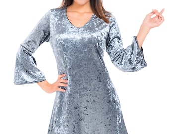 Velour Dress A Line Fit and Flared 3/4 Bell sleeve V-neck