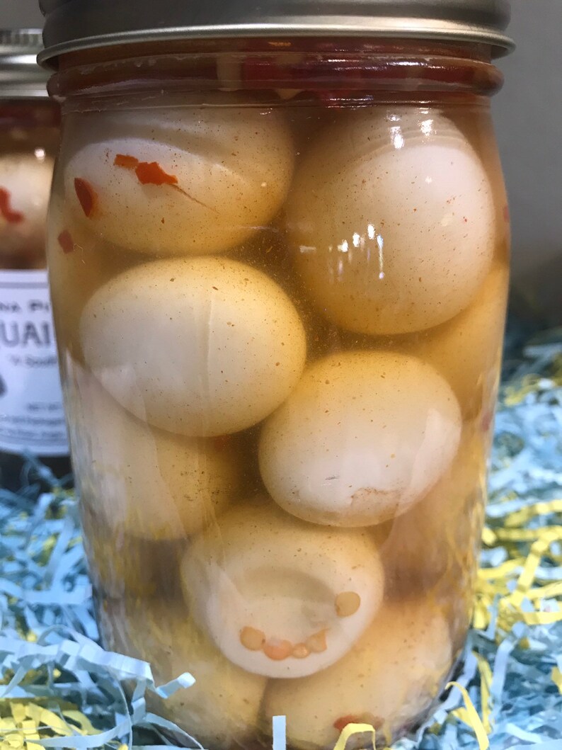 One pint jar of Louisiana pickled quail eggs . Etsy