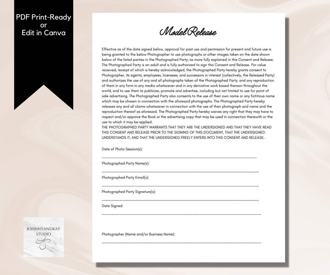 Model Release Form for Photographers Model Release Template PDF and ...