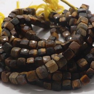 AAA Natural Yellow Tiger Eye Faceted Cubes Beads, 8-9 MM Tiger Eye Box Beads, 8 Inch Faceted Tiger Eye 3D Cubes Beads