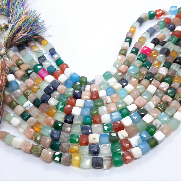 AAA Natural Mix Semi Precious Faceted Cube Beads, 6-6.5 MM Disco Gemstone Beads, 9 Inch Faceted Mix 3D Cube Beads