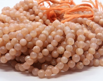 5 Strand AAA Natural Peach Moonstone Smooth Round Ball Beads, 6-7 MM Moonstone Gemstone Beads, 13 Inch Smooth Moonstone Ball Beads