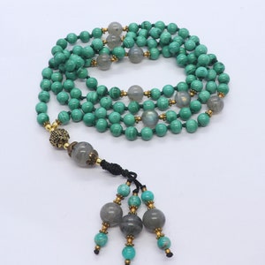 Beautiful 108 Hand Knotted Malachite Mala Necklace, Rare India Puja Malachite Designed Mala, 6 MM Malachite Meditation yoga Green Japa Mala
